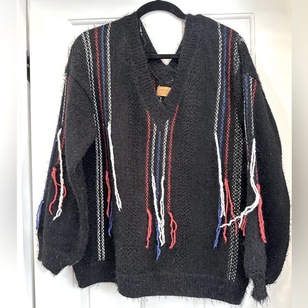 NEW POL VNeck Black Oversize BOHO Sweater Free People Anthropologie Fringe Small